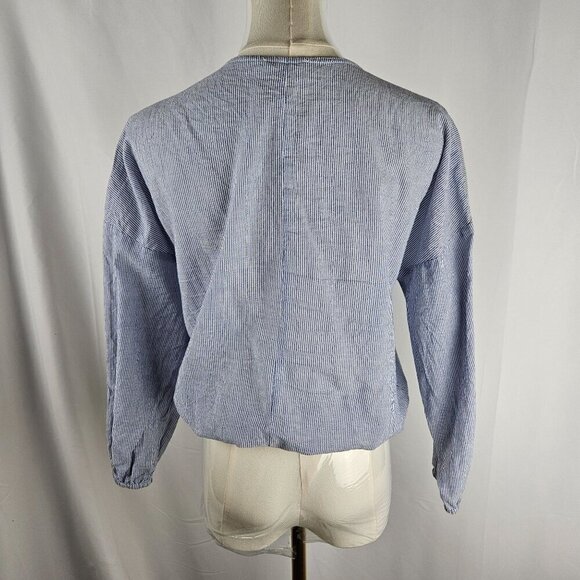 Chloe & Katie Blue Medium Striped Boho  Cottagecore Embroidered Wrap Top - Picture 4 of 10